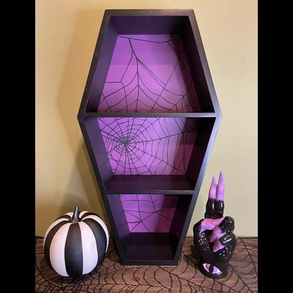 SOLD Black and Purple Spiderweb Coffin Shelf